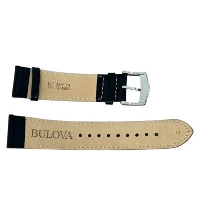 Bulova black leather watch strap with steel buckle, 22mm