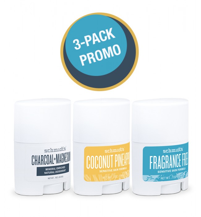 3 PACK Schmidts Naturals Deodorant, Sensitive Skin, Travel Size 0.7 oz/19.8 gr