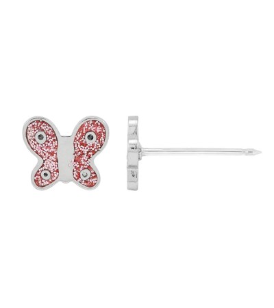 Inverness medical stainless steel 6mm, Butterfly Pink Enamel with crystal piercing earrings 008C