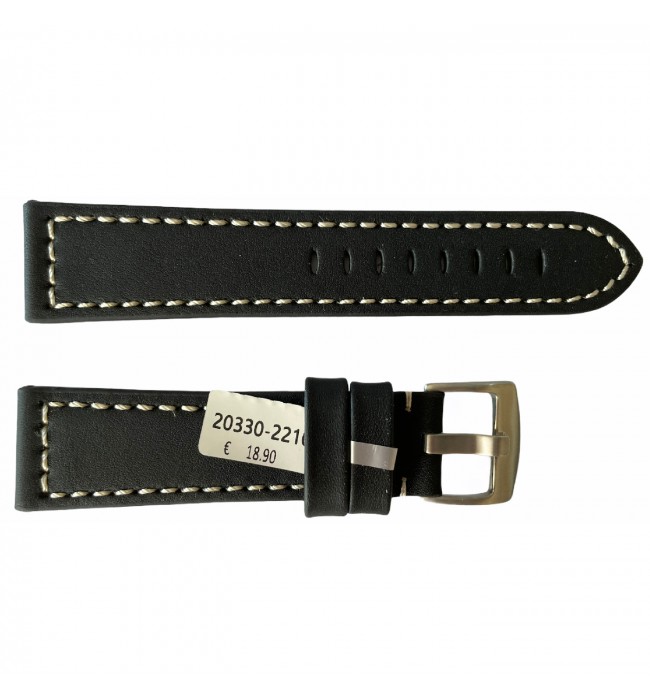 Leather black strap with white engraved thread smooth for watches 22mm