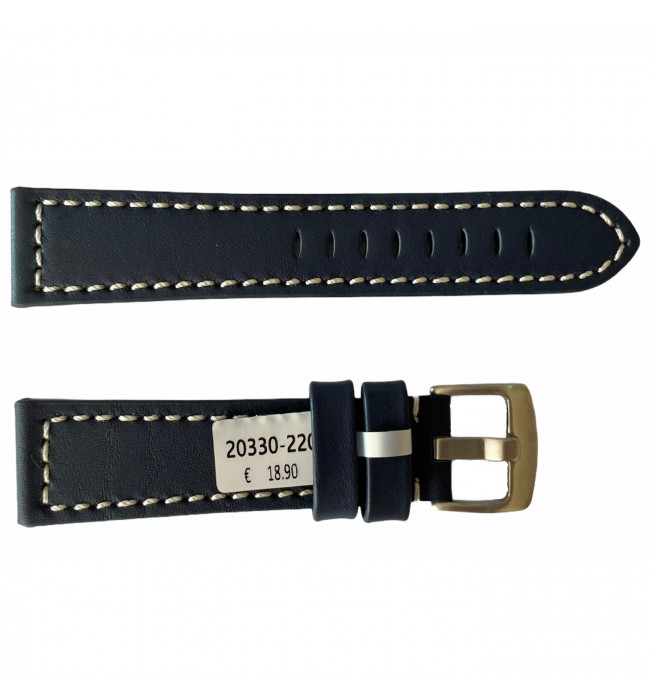 Leather blue strap with white engraved thread smooth for watches 22mm