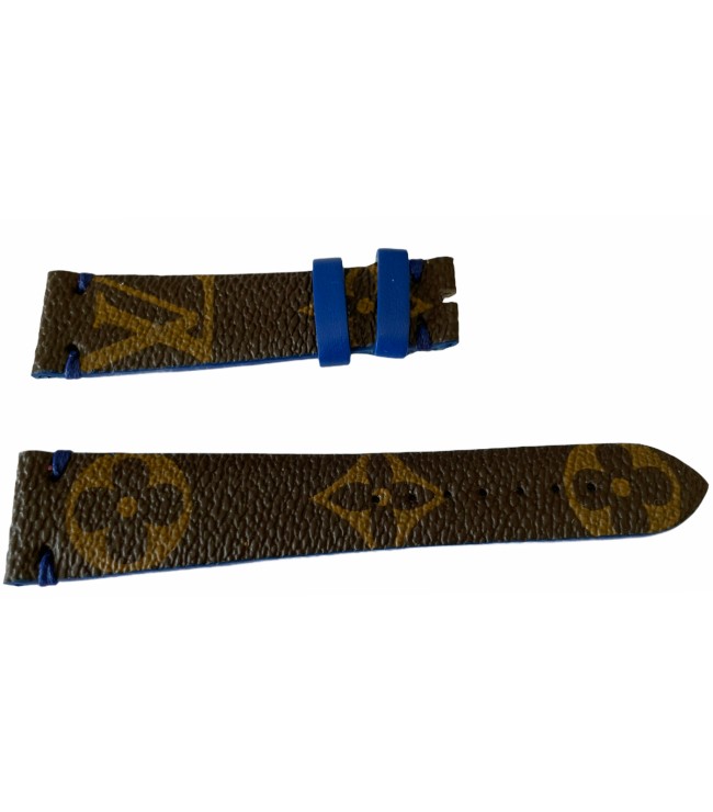 Кожена каишка за часовник Louis Vuitton с монограм, кафява и синя 20 мм