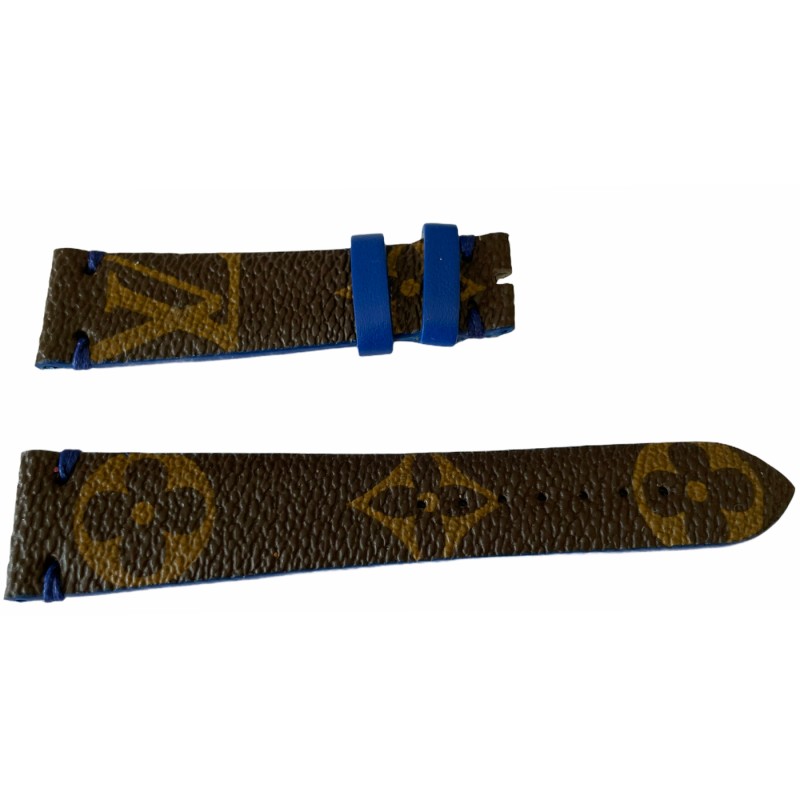 Кожена каишка за часовник Louis Vuitton с монограм, кафява и синя 20 мм Кожена каишка за часовник Louis Vuitton с монограм, кафява и синя 20 мм