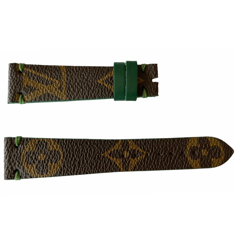 Кожена каишка за часовник Louis Vuitton с монограм, кафява и зелена, 20 мм Кожена каишка за часовник Louis Vuitton с монограм, кафява и зелена, 20 мм