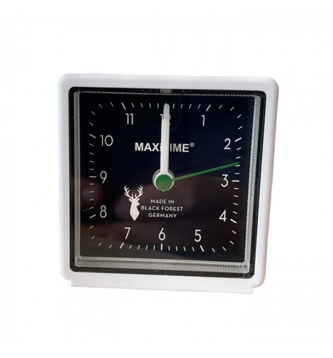 Maxitime Black Forest quartz alarm clock with light and snooze button, housing white, dial black