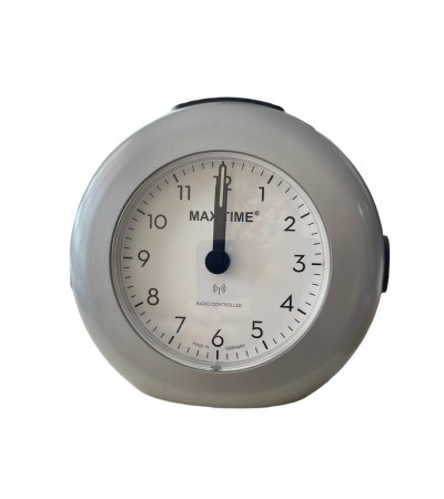 Maxitime radio controlled alarm clock with snooze, crescendo alarm, light, 2 hands, round silver housing