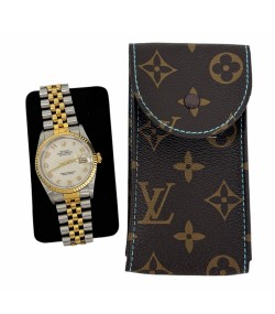 New Louis Vuitton watch brown leather pouch with blue stitching