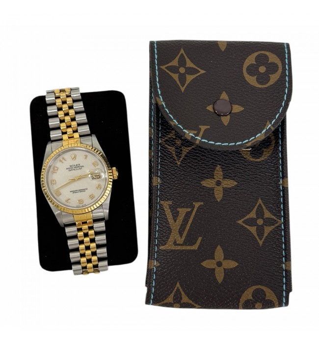 New Louis Vuitton watch brown leather pouch with blue stitching