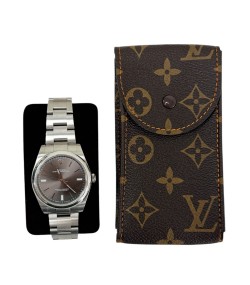 New Louis Vuitton watch brown leather pouch with orange stitching