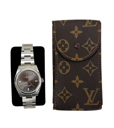 New Louis Vuitton watch brown leather pouch with orange stitching