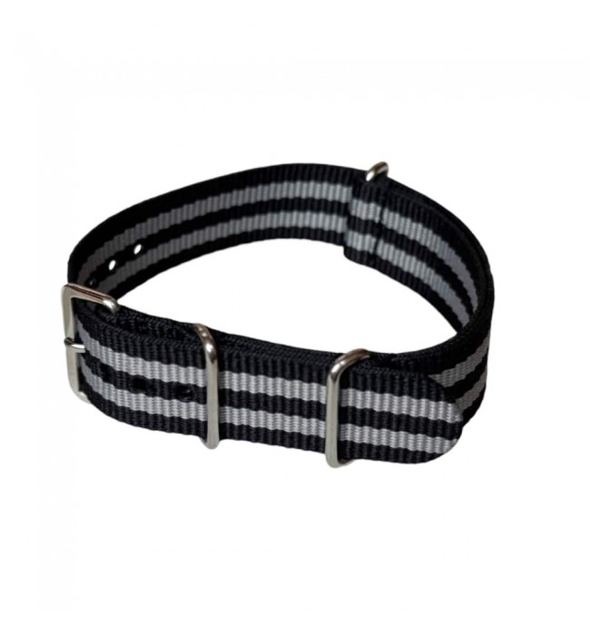 Nylon watch NATO strap black with grey band, 20mm
