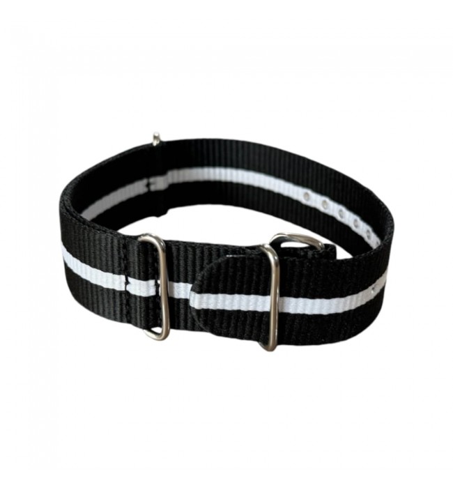 Nylon watch NATO strap black with white band, 22mm