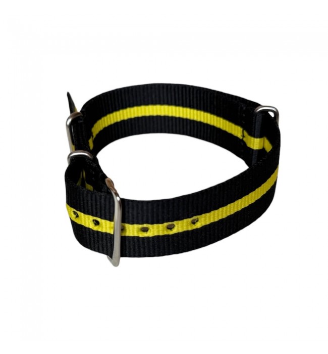 Nylon watch NATO strap black with yellow band, 20mm