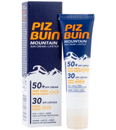 Piz Buin Mountain Suncream SPF 50+ and Lipstick SPF 30, 20 ml