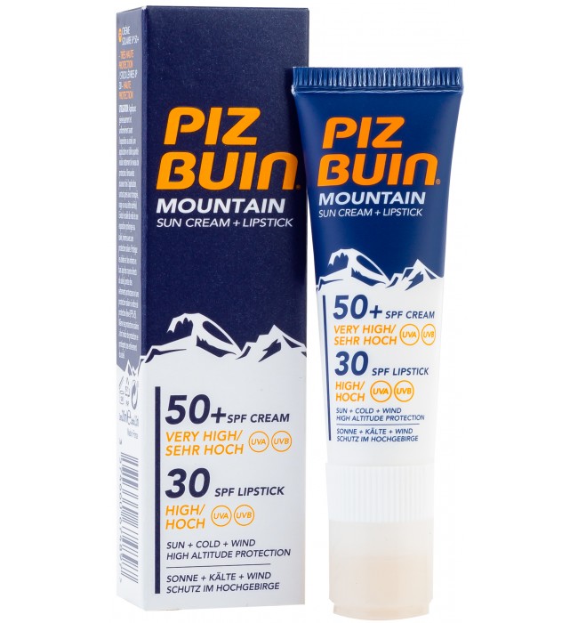 Piz Buin Mountain Suncream SPF 50+ and Lipstick SPF 30, 20 ml