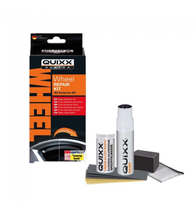 QUIXX Wheel Rim Repair Kit SILVER Liquid Aluminium Filler + Paint Sandpapers, All Inclusive Kit, ref. 10208