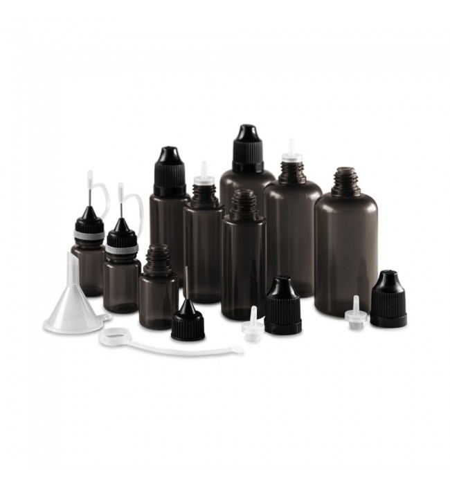 Set of 9 bottles, 5 - 50 ml, black with caps, dosing aids and funnel