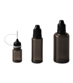 Set of 9 bottles, 5 - 50 ml, black with caps, dosing aids and funnel