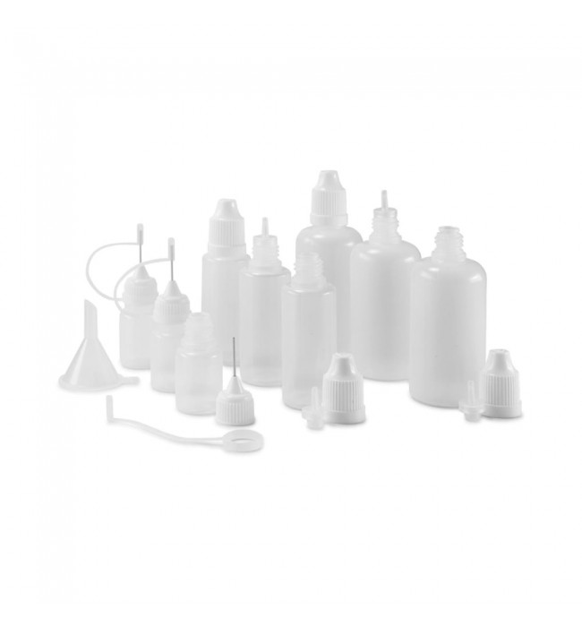 Set of 9 bottles, 5 - 50 ml, white with caps, dosing aids and funnel