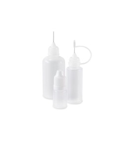 Set of 9 bottles, 5 - 50 ml, white with caps, dosing aids and funnel