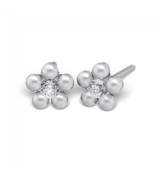 Studex steel flower with Cubic zircon & Pearl white Earrings, 5mm, 7512-6301