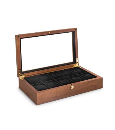 Watch collector box for 10 watches, walnut, matt, with window