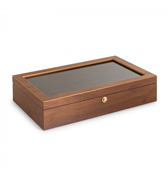 Watch collector box for 10 watches, walnut, matt, with window