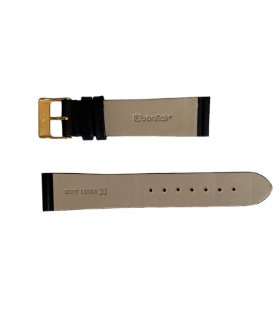 Waterproof black smooth leather watch strap with gold buckle 20mm