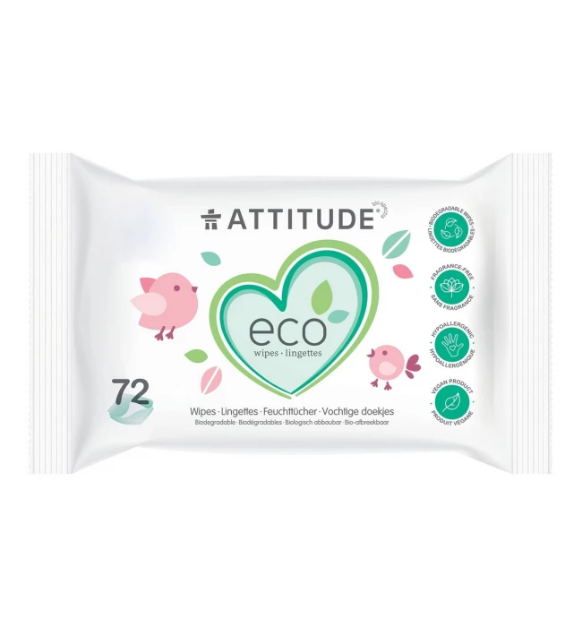 Baby leaves 100% Biodegradable Baby Wipes, Unscented, 72 Pcs, ATTITUDE