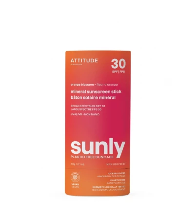 Plastic-Free Mineral Sunscreen Stick SPF 30 – Orange Blossom, Sunly, ATTITUDE