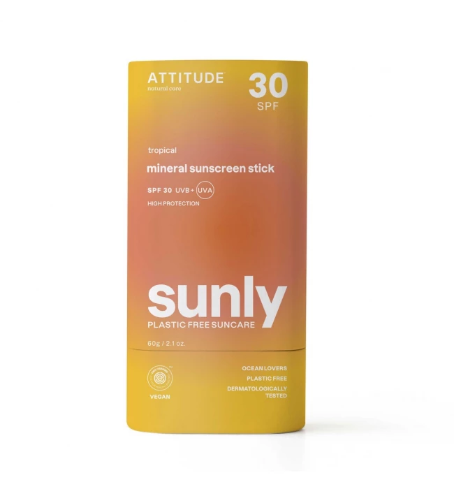 Plastic-Free Mineral Sunscreen Stick SPF 30 – Tropical, Sunly, ATTITUDE