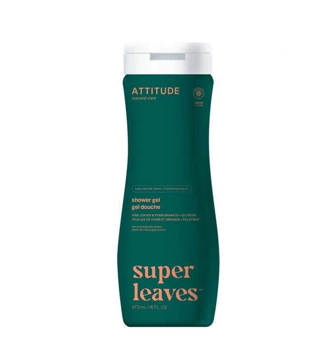 Glowing Shower Gel, Vine Leaves and Pomegranate, Super leaves, ATTITUDE